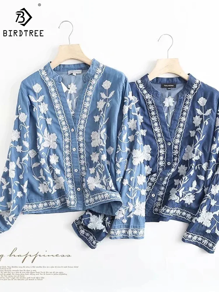 3/4 Sleeve Denim Shirt Women\'s Spring Summer Soft Jeans V Necks Floral Embroidery Blouses Thin Coat Tops New 2023 T35432M