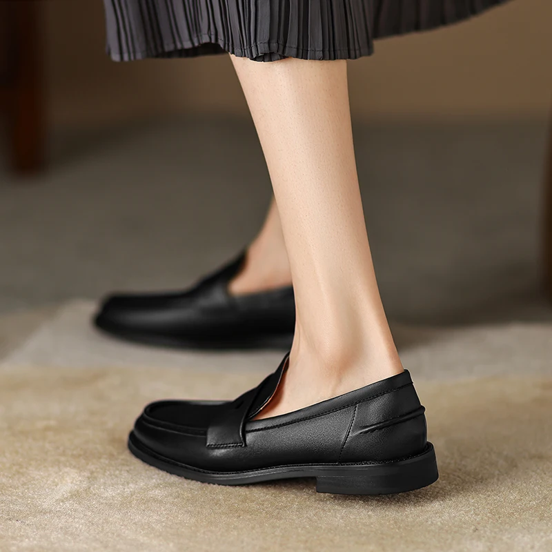 JOZHAMTA Size 34-43 Casual Loafers Women 2023 Genuine Leather Chunky Heels Shoes For Women Big Black Office Ladies Flats Shoes