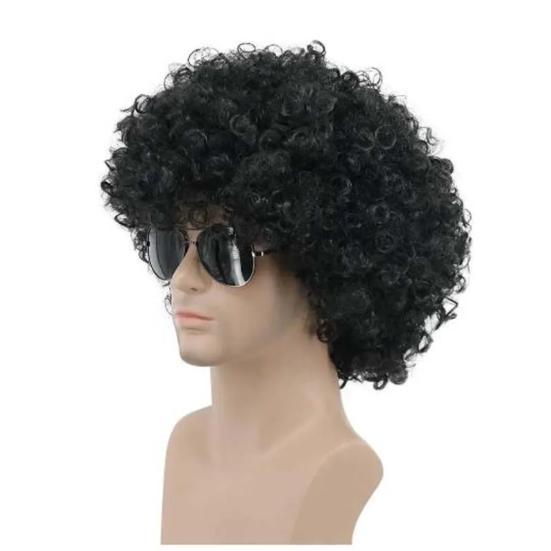 Dorośli mężczyźni kobiety Afro 70s 80s krótkie kręcone czarne Rocker imprezowa peruka kalifornijski kostium na Halloween peruka do Cosplay