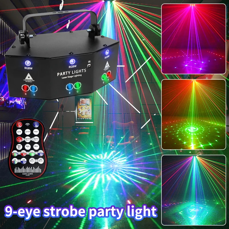 

9 Lens DJ Laser Disco Party Lights RGB DMX512 Control for Indoor Dance Pattern Birthday Stage Light Shows Clubs Bars