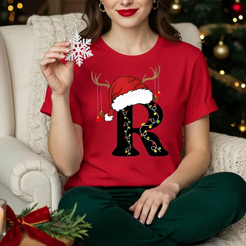 

2026 New Christmas Santa Hat Family Matching Tshirts A To Z Alphabet Letters Oversize Streetwear T-Shirt Family Party Xmas Gift