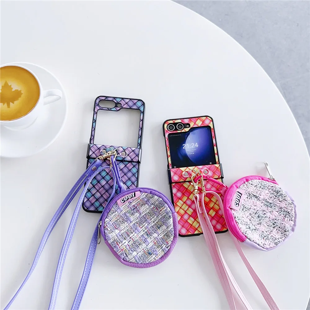 Funda con bisagra de cuerda larga con flores tejidas, carcasa moderna para Samsung Galaxy Z Flip 5, 4, 3, OPPO Find N3Flip N2Flip P50Pocket S VIVO X Flip