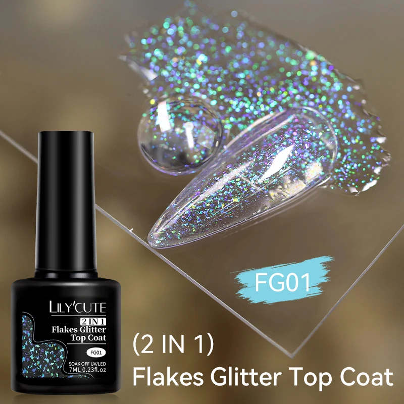 LILYCUTE 7ML Flocos Glitter Top Coat Efeito Folha de Ouro Nail Art Gel Esmalte Soak Off Verniz Semi Permanente Para Unhas DIY