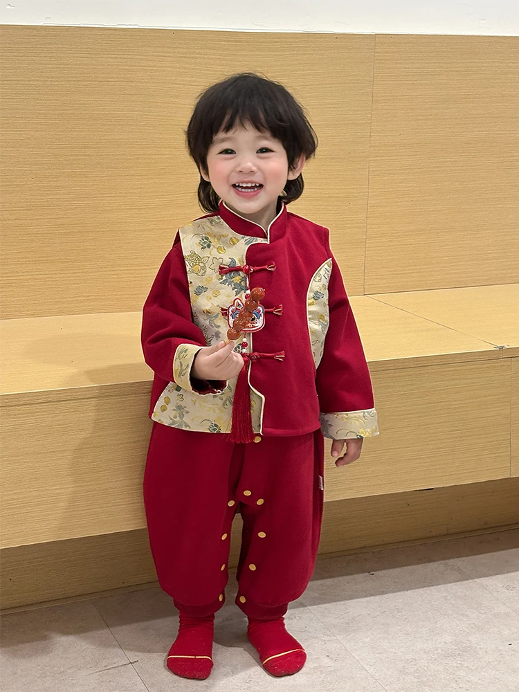 

Красный праздничный комбинезон для малышей в китайском стиле, новогодняя одежда для годовалых детей, весенняя новинка, для младенцев и малышей