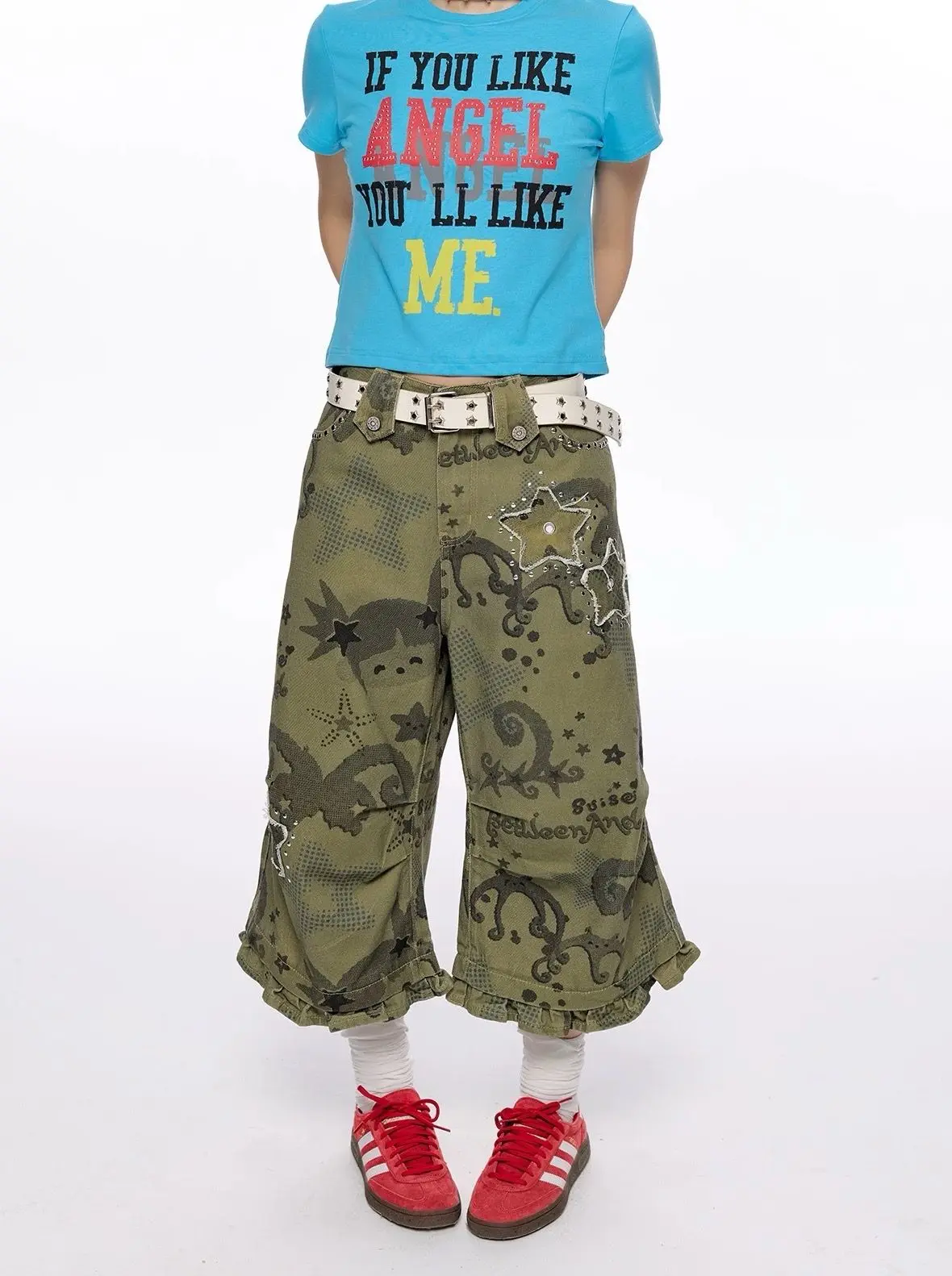 Y2K Camouflage Full Print Star Washed Distressed Denim Seven Inch Pants Wide Leg Mid Rise Jeans Summer for Women