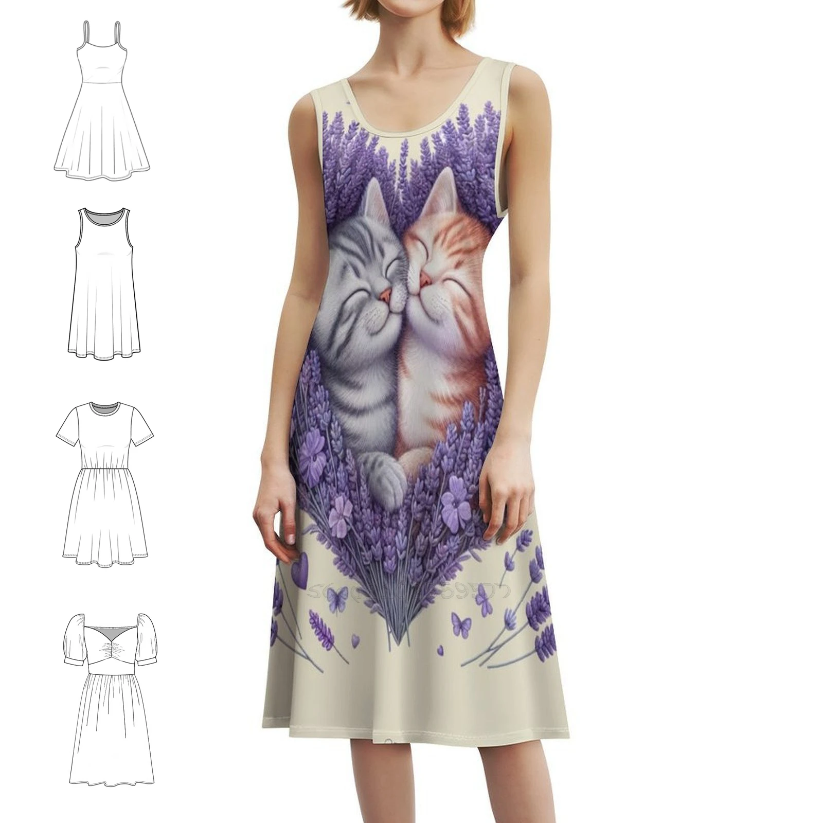 زهور اللافندر تابي القطط الحب قلوب رسم فستان بوهيمي عتيق بأكمام منتفخة أو خيارات بلا أكمام لفستان النساء #1