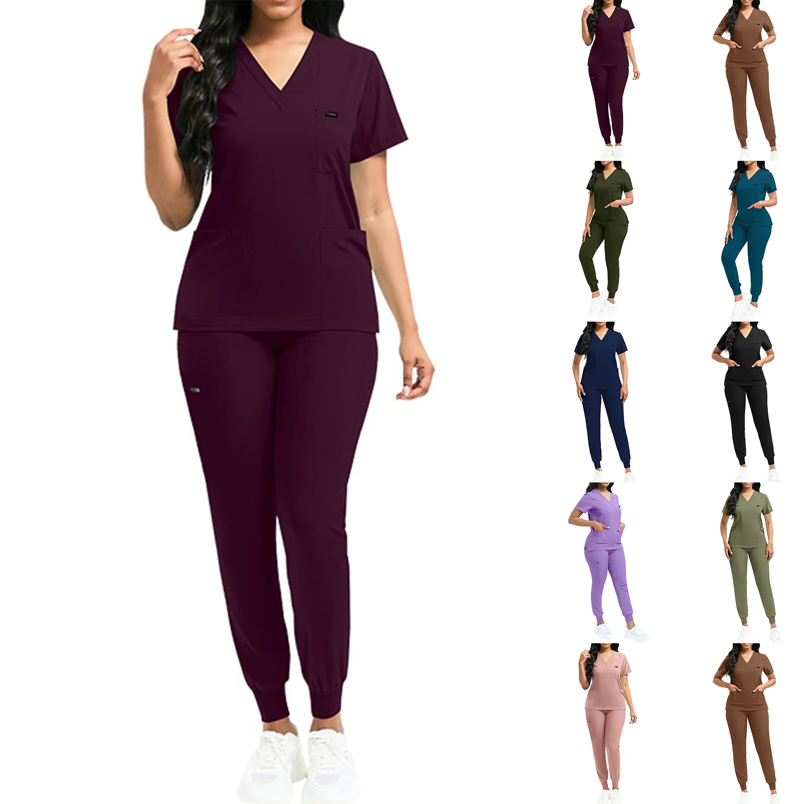 Conjunto de enfermeira feminina com decote em v manga curta multi-cor multi-bolso jogger calças uniforme médico roupas de trabalho de saúde