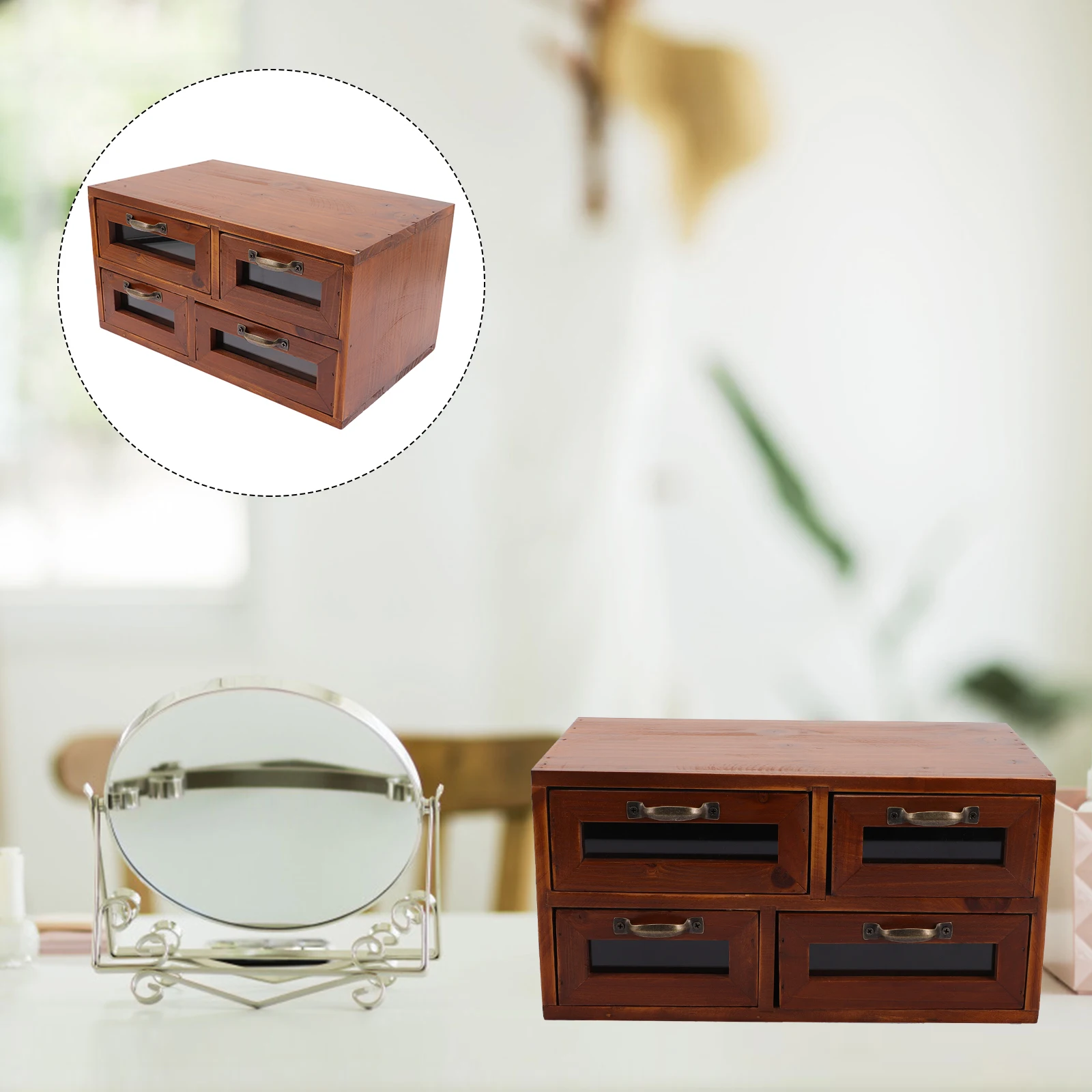 

Delicate Wooden Drawer Style Storage Box Desktop Organizer Makeup Skincare Organizer Vintage Cosmetics Box For Home Office