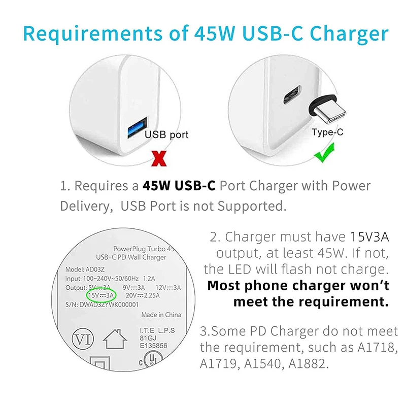 USB Type-C急速充電ケーブル,電源アダプター,15v,3a,USB-C,pdプロトコルで動作,表面プロファイル1, 2 rtと互換性があります