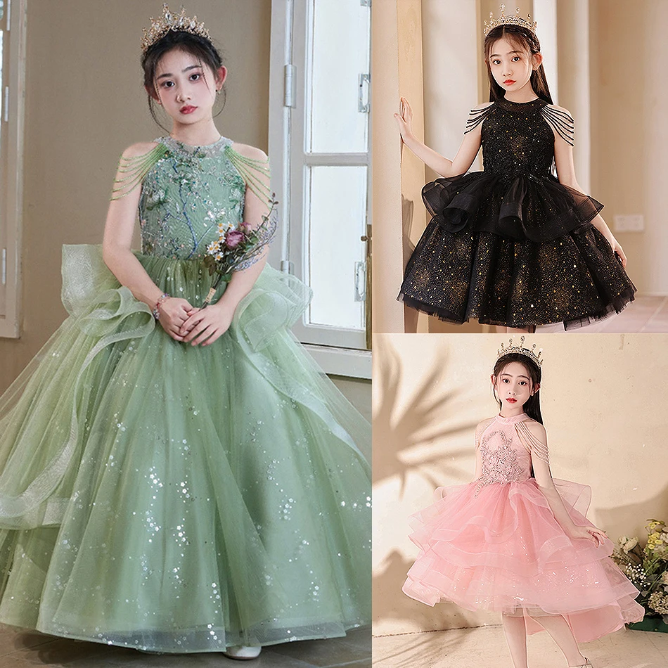 

Girls Birthday Party Princess Dress Children Flower Girl Luxury Sequin Mesh Elegant Gown Kids Host Piano Performance Solid Frock