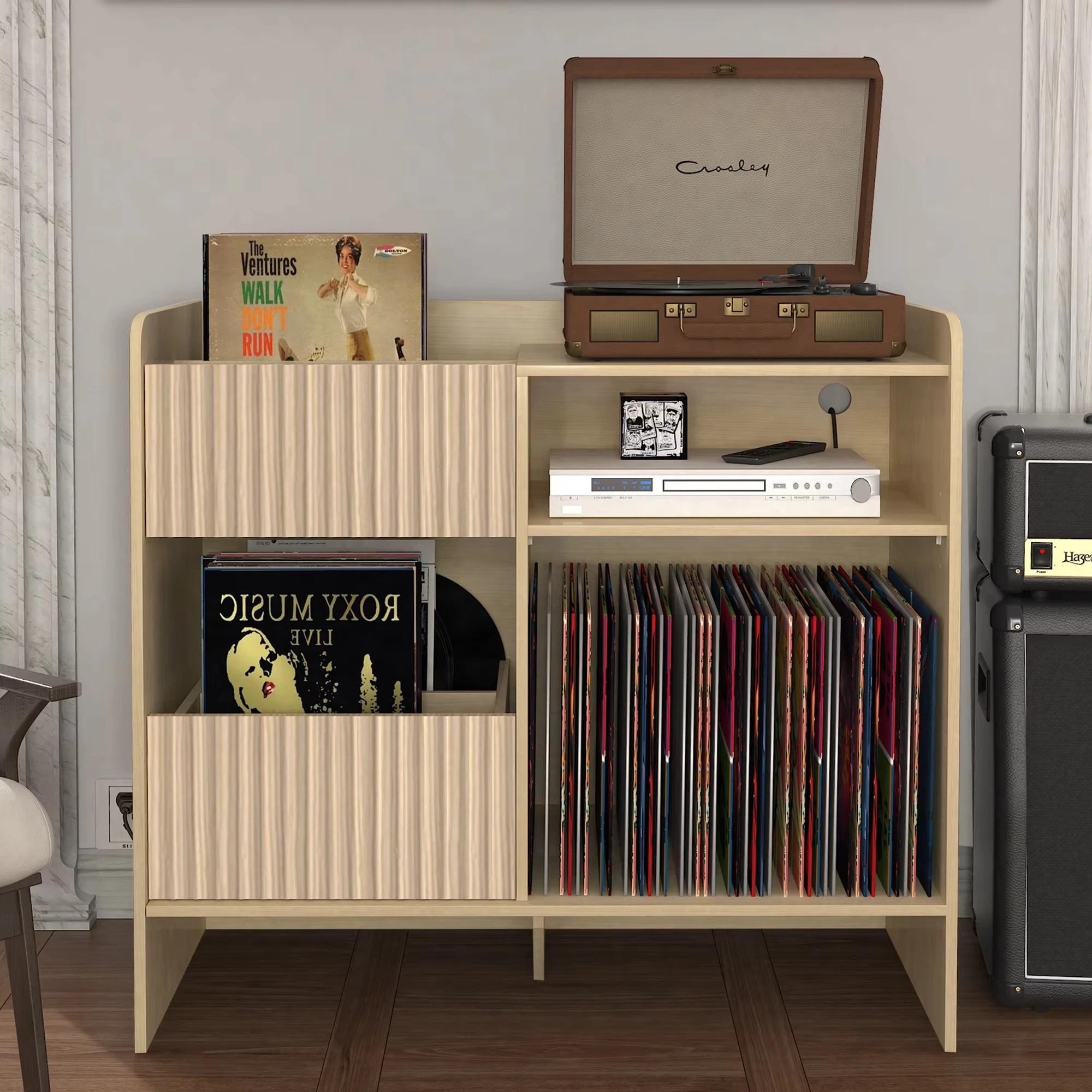 Warehouse in Stock Walnut Large Record Player Stand Cabinet Wooden Open Shelf Storage Living Room Side Cabinets Audio Rack