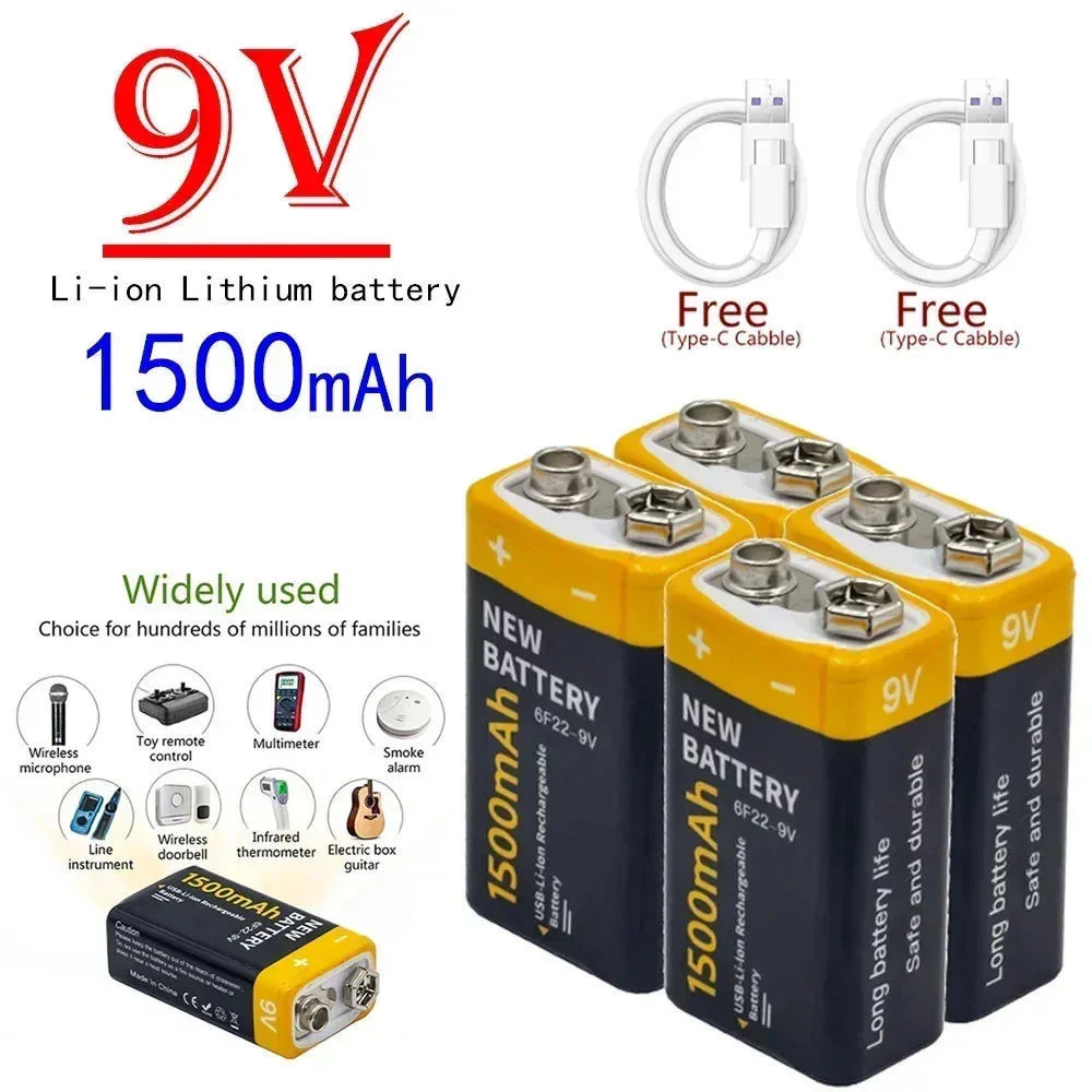 9V Rechargeable Lithium-ion Battery, 1500/1100mAh, USB, 9V, Suitable for Multimeter, Microphone, Toy, Remote Control, KTV Use