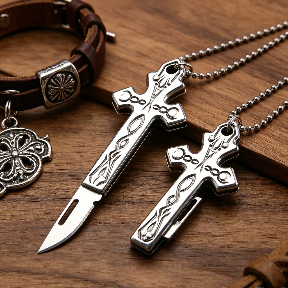 Stainless Steel Cross-Shaped Folding Pocket Knife, Mini EDC Utility Knife with Keychain, Portable Multi-Tool for Outdoor