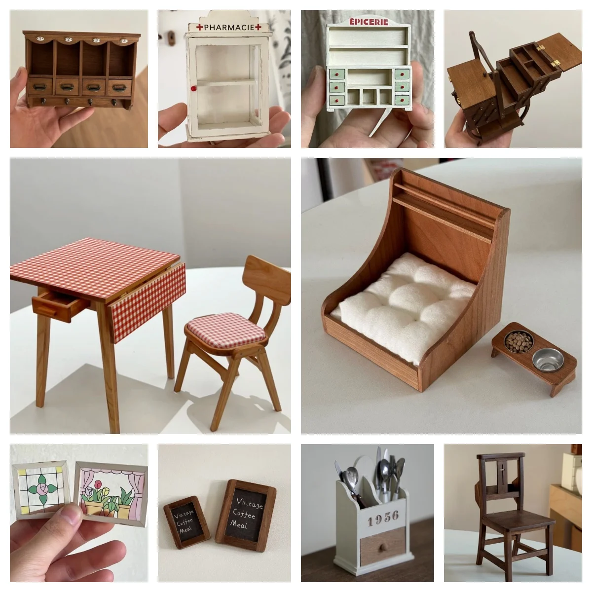 1/6 Exclusive French Country Modlel Handmade Cherry Wood Bench/Folding Table/Wall Cabinet Vintage Dollhouse Decor Antique Props
