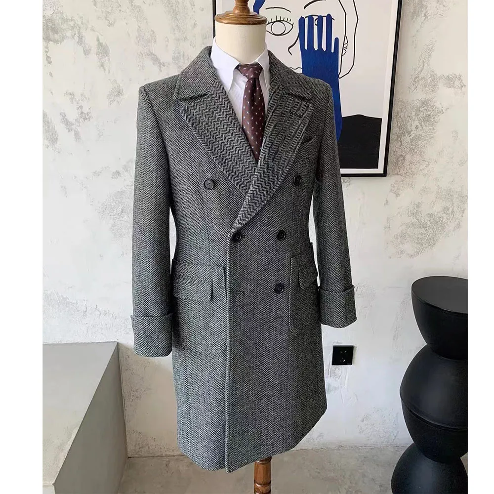 

Men Jackets Men's Wool Herringbone Long Jacket Double Breasted Slim Tailored Coat Winter Button Rarf Official Cacharrel Traf Man