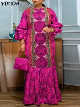 فوندا-فستان طويل للحفلات البوهيمية للنساء ، كم طويل منفوخ ، مطبوع غير رسمي ، فستان صيفي كلاسيكي ، موضة فضفاضة ، مقاس كبير ،