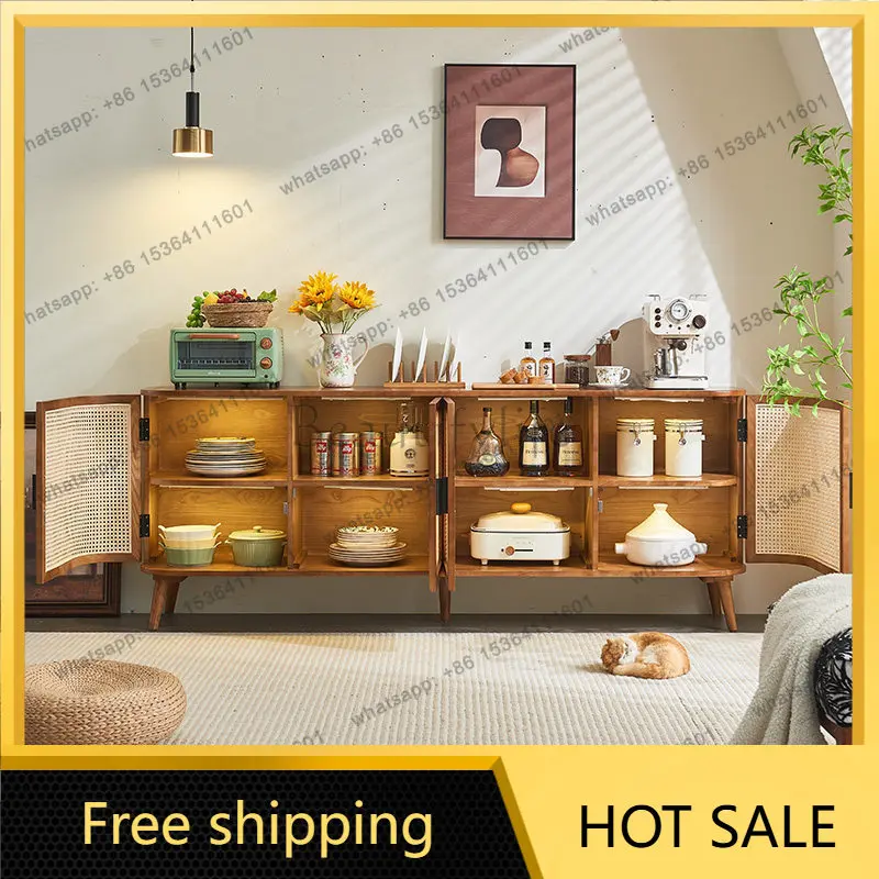 LD solid wood four-door rattan locker Japanese-style wabi-sabi retro living room dining side cabinet