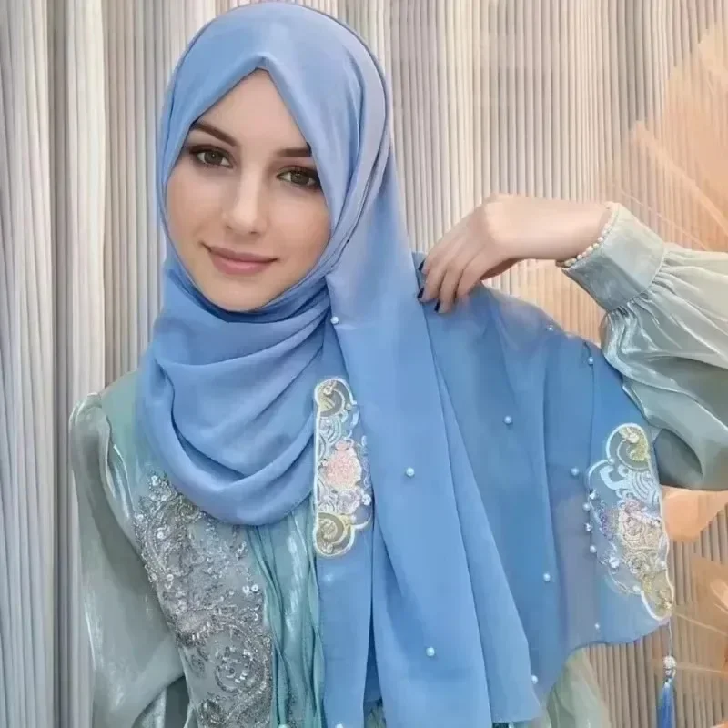 Embroidered Pearl Chiffon Square Scarf Palace Classical Oriental Style Diamond Tassel Wrapped Hijab Middle Eastern Muslim Head