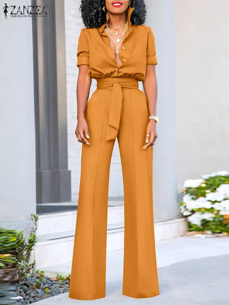 ZANZEA Oversize Belted Jumpsuit Sexy Lapel Collar Long Romper Office Vintage Loose Playsuit 2024 Spring Long Sleeve Overall