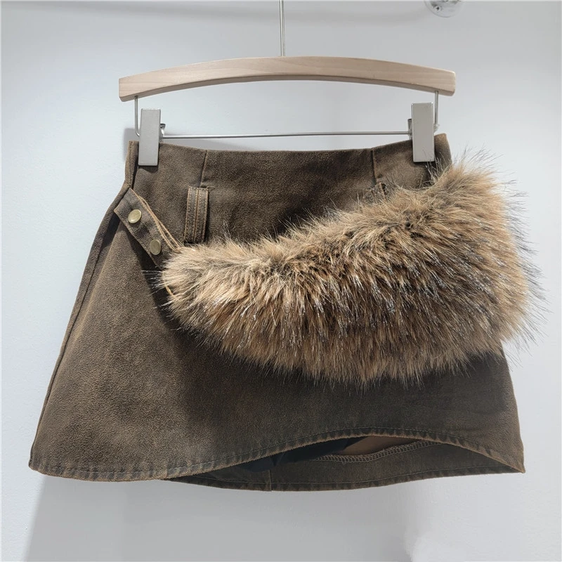 Winter Faux Fur Belt High Waist Short Skirt Women Thick Warm A Line Retro Y2K Spicy Girl Look Korean Style Streetwear Outfit