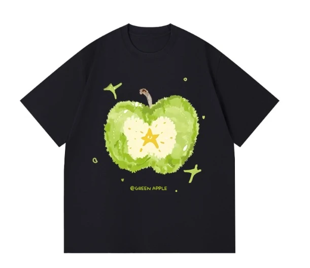 

Модная футболка унисекс из 100% чистого хлопка 2025 года с рисунком зеленого яблока и повседневная футболка с короткими рукавами с буквенным принтом зеленого яблока
