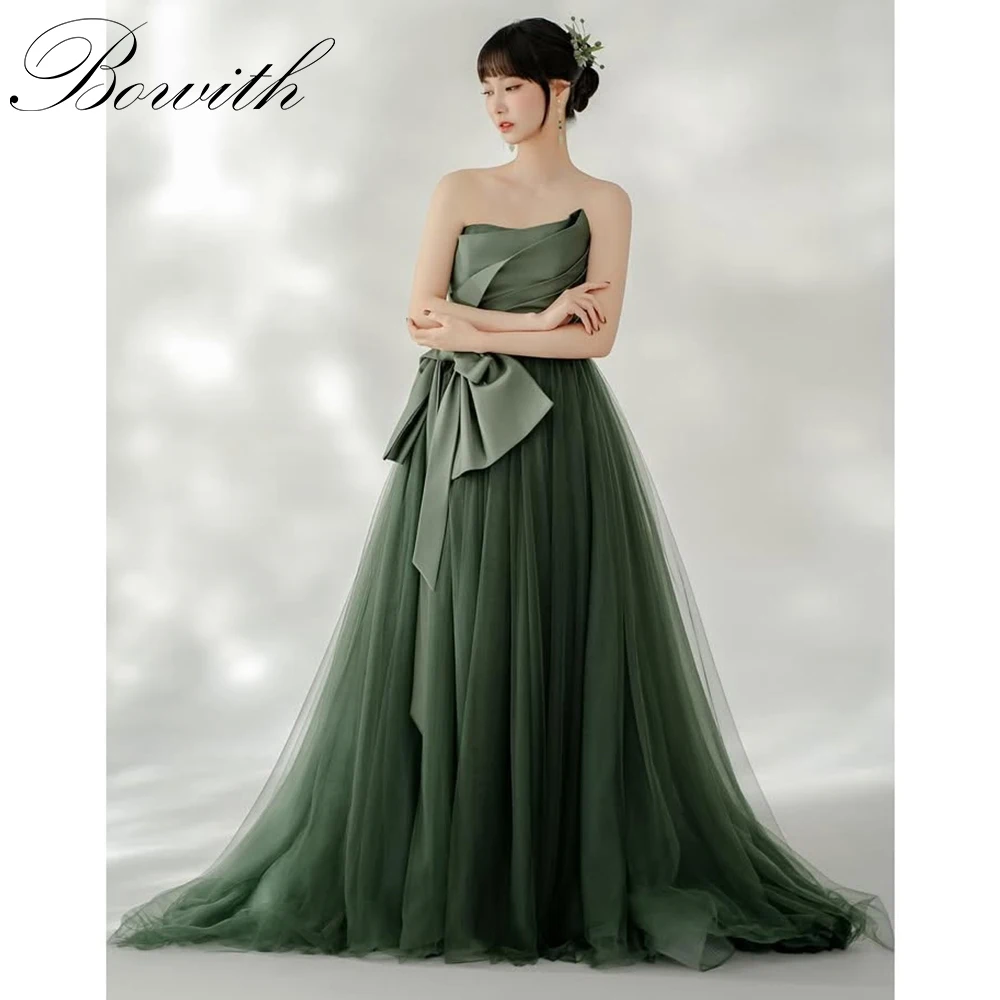 Bowith Forest Green Korean Wedding Dresses ウェディングドレス Strapless Satin and Tulle Japan パーティードレス Customized Evening Dresses