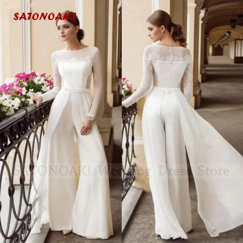 

Elegant Sexy Boho Lace Satin Jumpsuit Wedding Dresses for Women A-Line Long Sleeve Floor Length Bridal Gown Vestidos De Novia