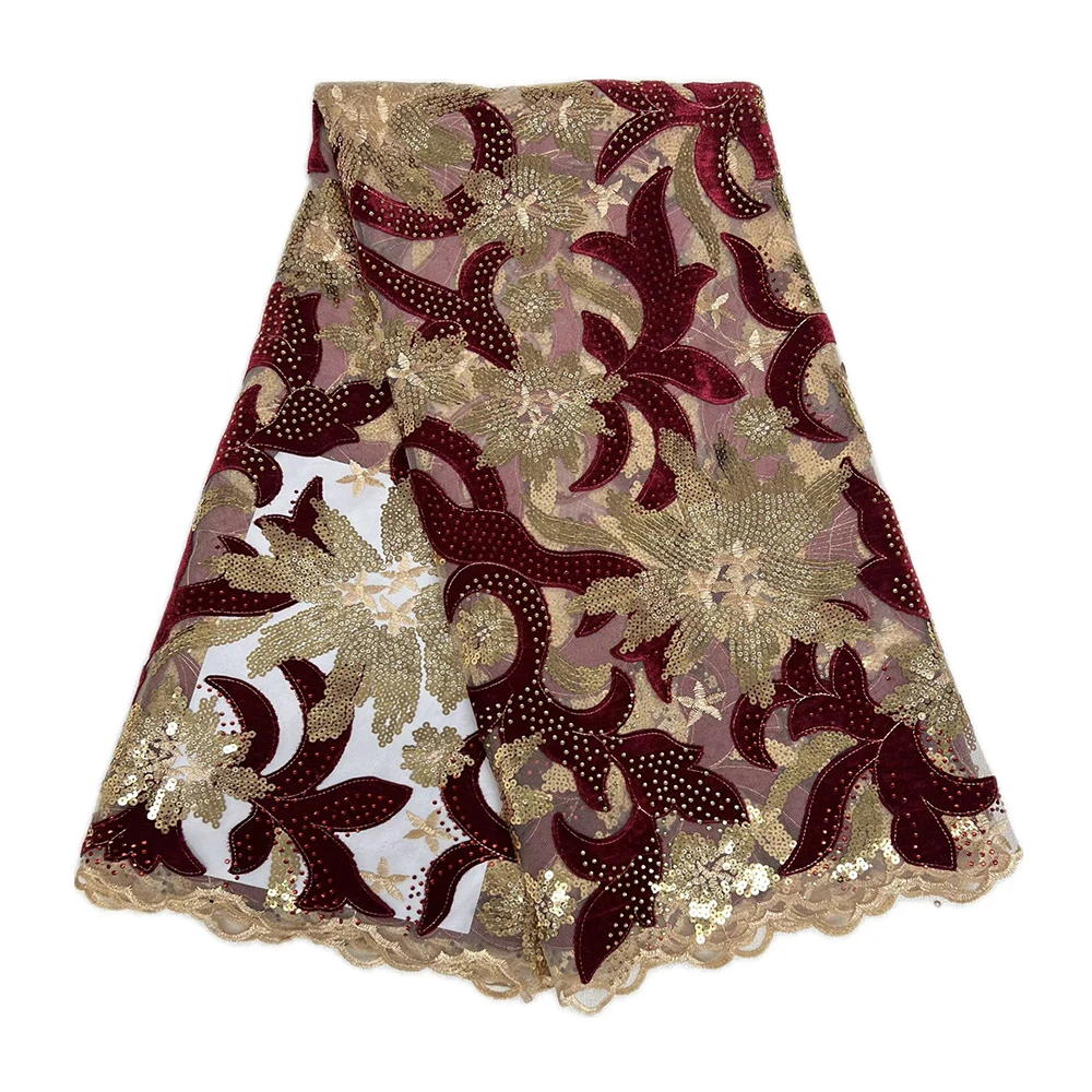 

Luxury Sequins Velvet Lace Fabric High Quality 5 Yards Nigerian African Velvet Lace with Stones Material For Party Wedding Sew