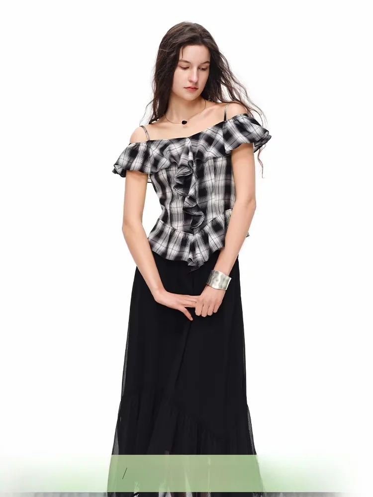 

Шелково-шерстяная рубашка с кружевным воротником, женская летняя новинка, топ в клетку с коротким рукавом, французский стиль, приталенный крой, без рукавов, китайское производство