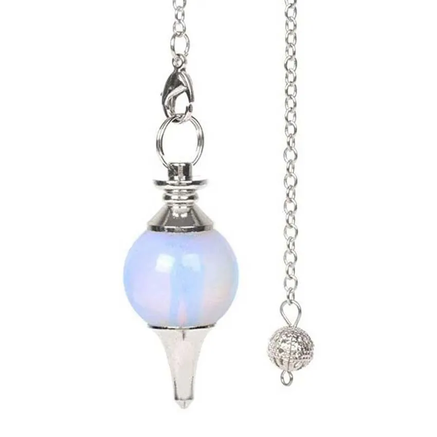 18mm Silver Plated Opalite Opal Stone with 7 Chakra Chain Dowsing Divination Pendulum Pendant Ethnic Jewelry For Women Men Girls