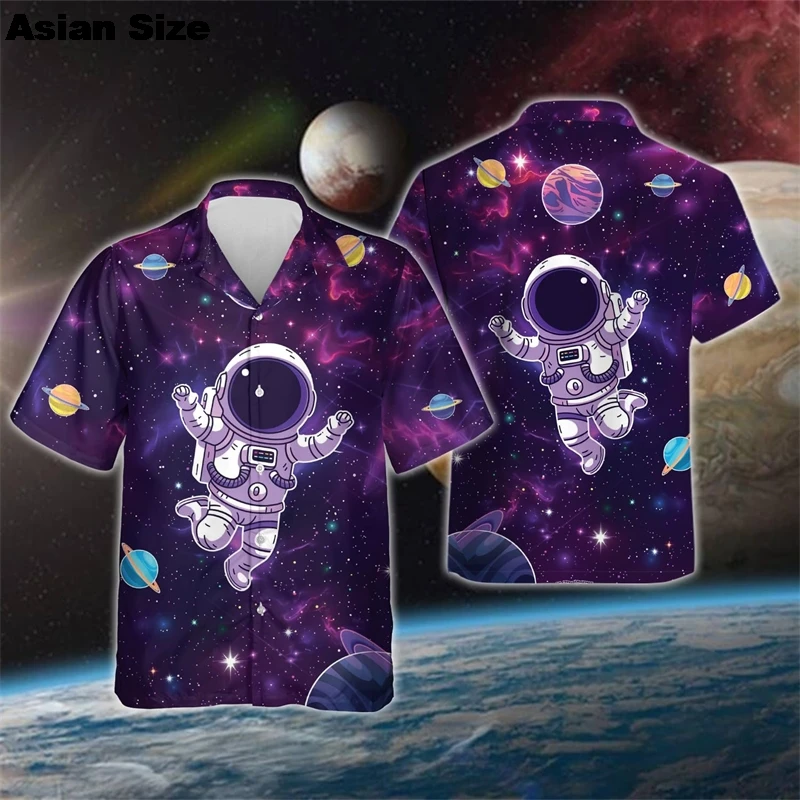 

Cartoon Astronaut 3D Print Shirts For Men Clothes Hawaiian Beach Shirt Funny Cosmonaut Short Sleeve Boy Blouses Kids Lapel Tee