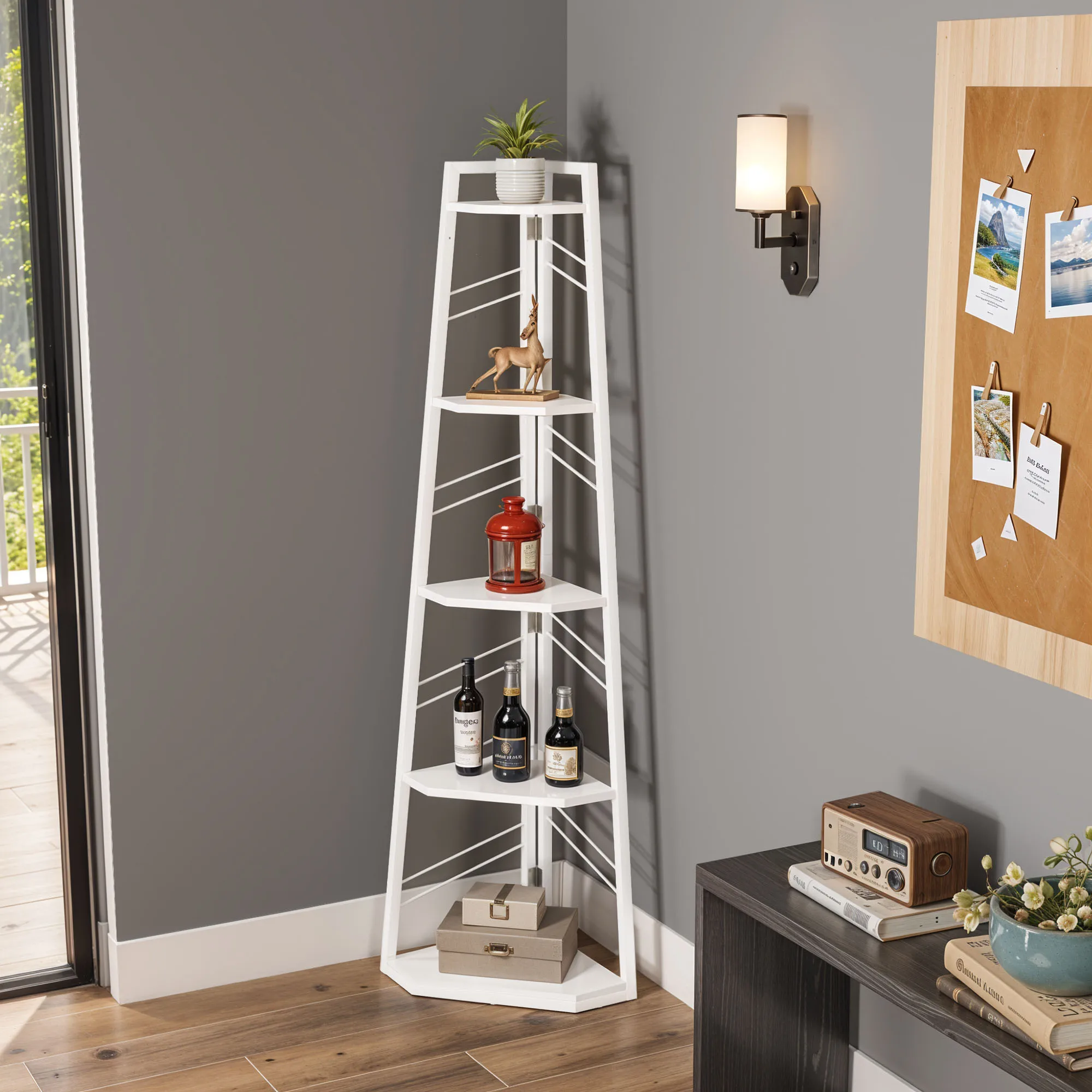 

for Living Room Office 5-Tier Corner Shelf Industrial Ladder Bookcase Wooden Open Display