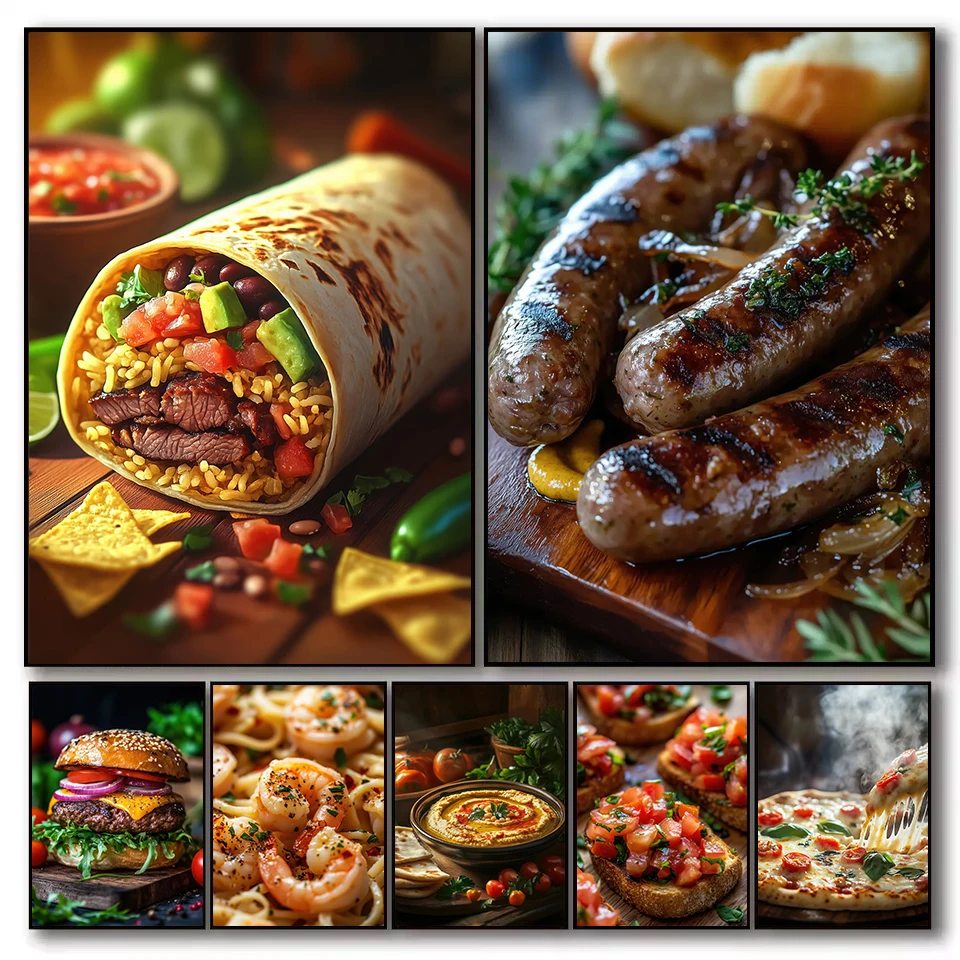 1pc frameless Canvas Painting Modern Restaurant Delicious Food Burger Taco German Sausage Poster Canvas Painting Wall Art Pictur