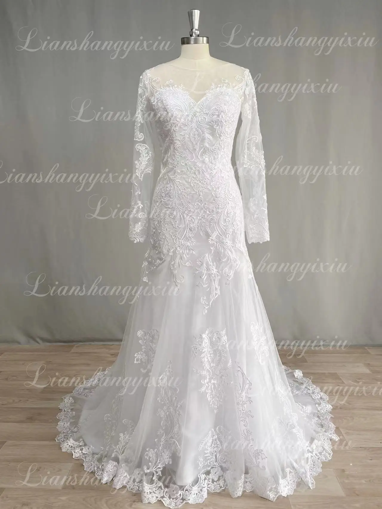 Женское свадебное платье с юбкой годе, белое кружевное платье с V-образным вырезом и длинным рукавом, с аппликацией из жемчуга на спине, 2024