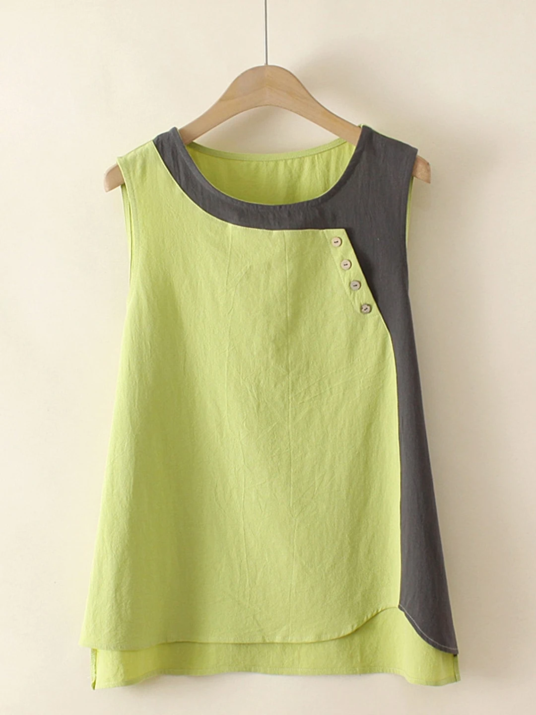 Women's Large Size Thin Asymmetric Button Decorative Color Block Tank Top Casual Loose Fit Breathable Cotton Summer Top