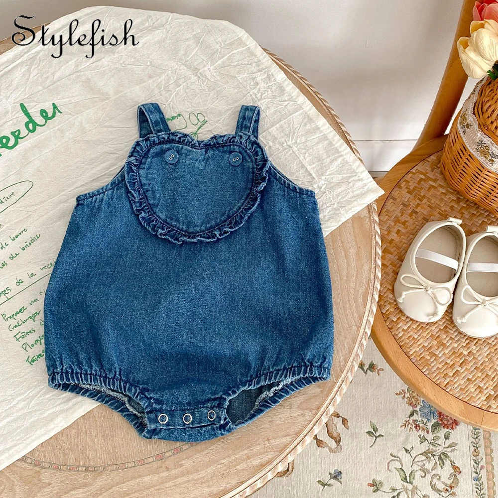 Summer Baby and Children's Bodysuit Girl Baby Pure Cotton Denim Love Carrying Strap Wrap Fart Triangle Romper Creeper Bodysuit