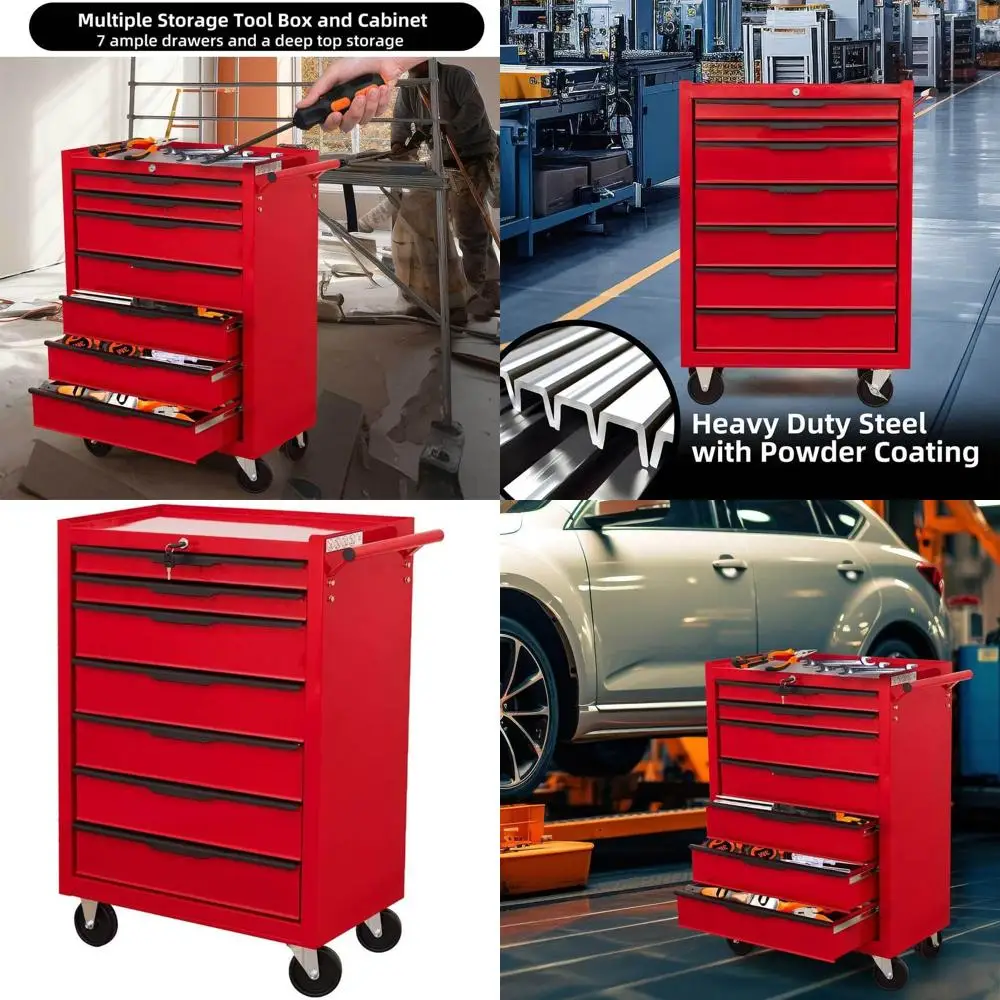 

7 Drawer Heavy-Duty Rolling Tool Chest, Lockable Metal Toolbox with Wheels, Mobile Storage for Workshops and Garages - Red