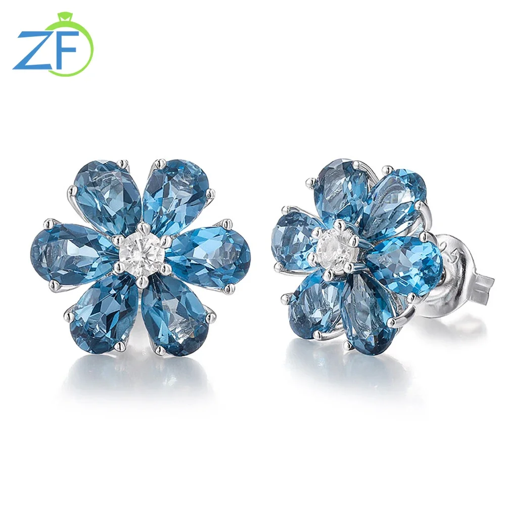 

GZ ZONGFA Natural London Blue Topaz Flower Studs Earrings 925 Sterling Silver Rhodium Plated Fine Jewelry Party Gifts for Women