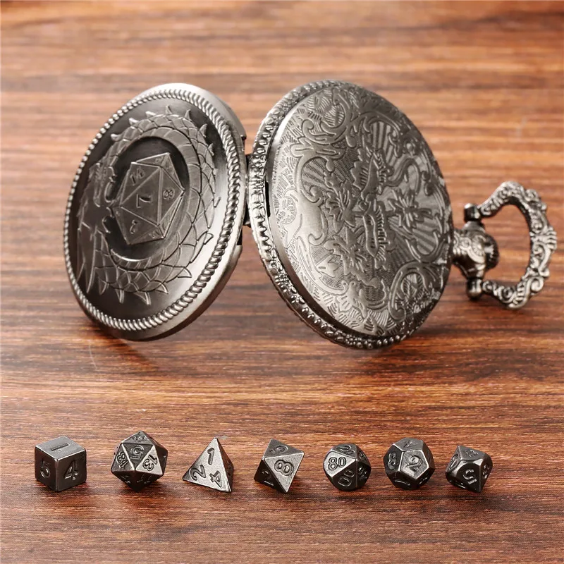 Bronze Dragon Pocket Watch Case Pendant FOB Chain with 7pcs Metal Polyhedral Dice Role Play Gaming Dices Entertainment Accessory