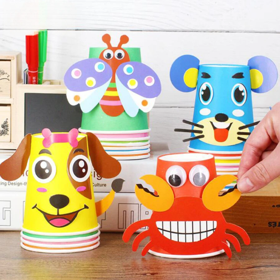 DIY Handmade Paper Cups  12pcs Sticker Material Kit Whole Set Kids 12 Animal Patterns Kindergarten Educational Toys