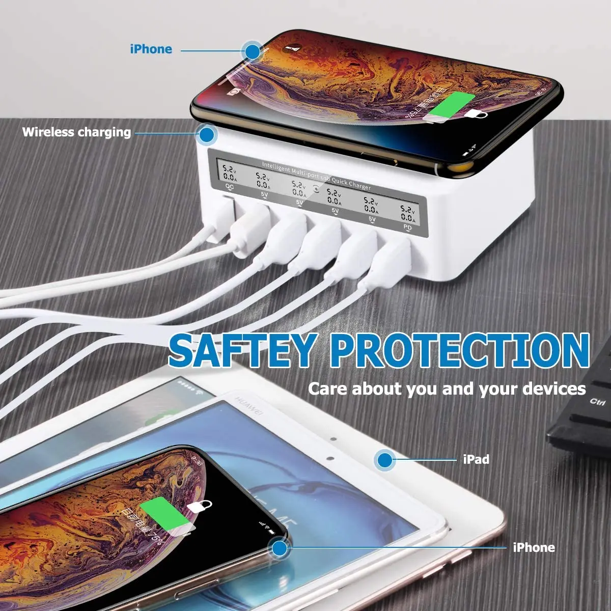 لوحة شاحن لاسلكية متعددة USB شحن سريع 3.0 شاحن USB من النوع C محول عرض LED لهاتف iPhone Xiaomi Samsung شحن سريع