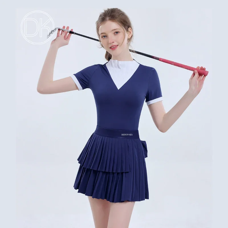 DK Golf Clothing Lady Suit Short Sleeve Summer Splicing Quick-dry T-shirt Cute V-neck Lace Collar Top Irregular Pleated Skort