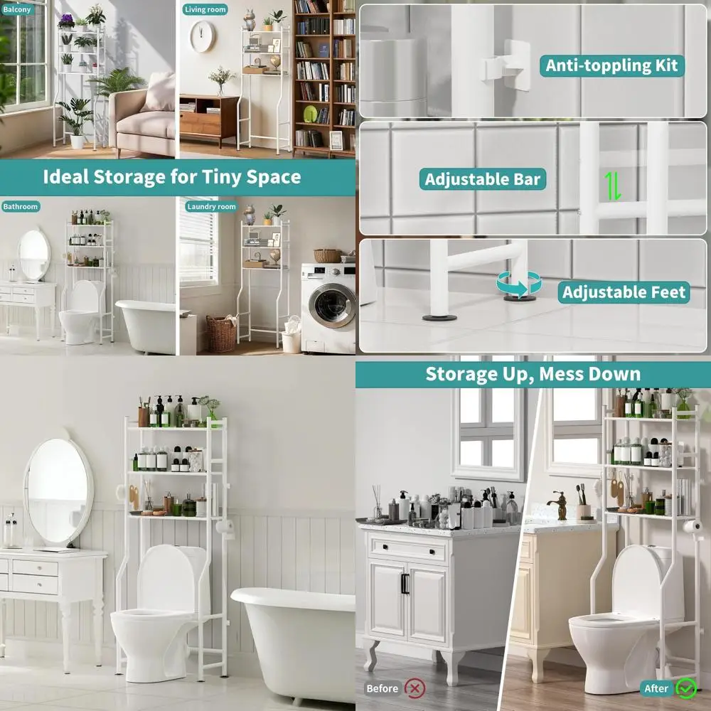 

White Metal 3-Tier Toilet Storage with Paper Holder and Hooks for Small Bathroom Spaces