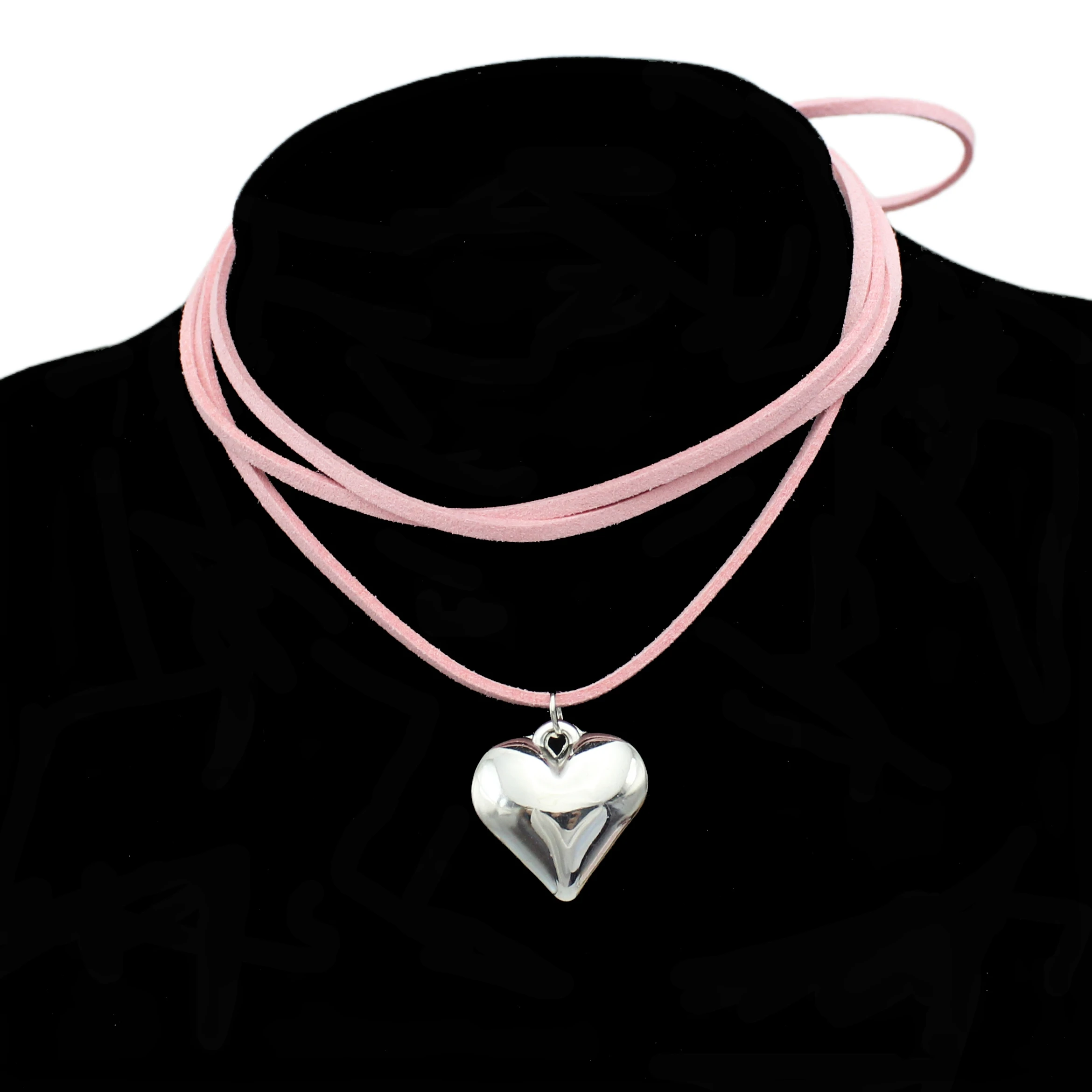 Goth Pink Velvet Big Heart Pendant Choker Necklace for Women Elegant Weave Knotted Bowknot Adjustable Chain New Year Jewelry