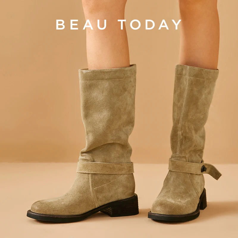BEAUTODAY Tube Boots Women Cow Suede Leather Round Toe Button Strap Mid Heels Knee-high Long Boots Female Handmade 01477