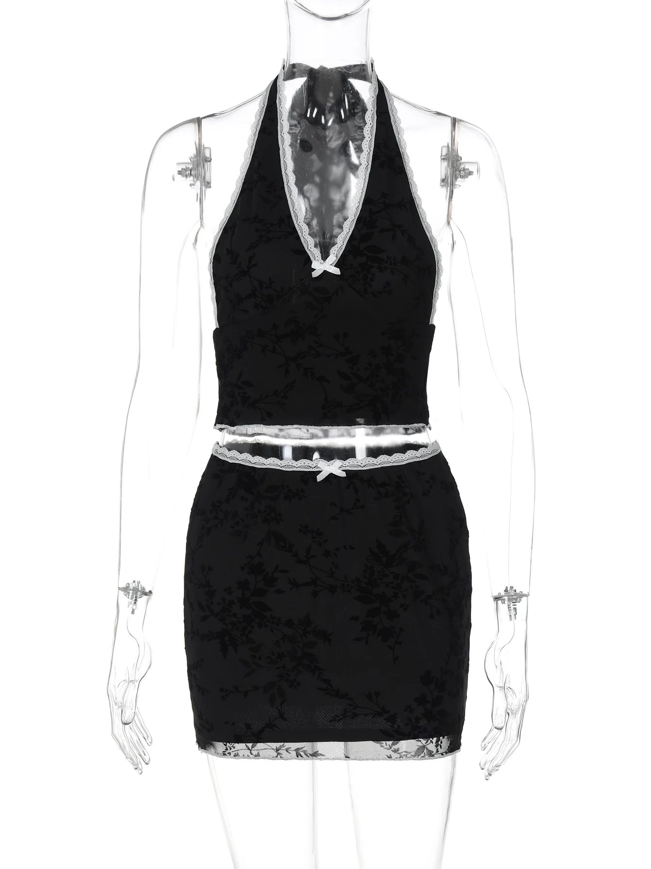 Hawthaw Women Summer V Neck Backless Sexy Tie Bows Patchwork Lace Bandage Crop Tank Top Shorts 2 Pcs Sets Fashion Vacation Party