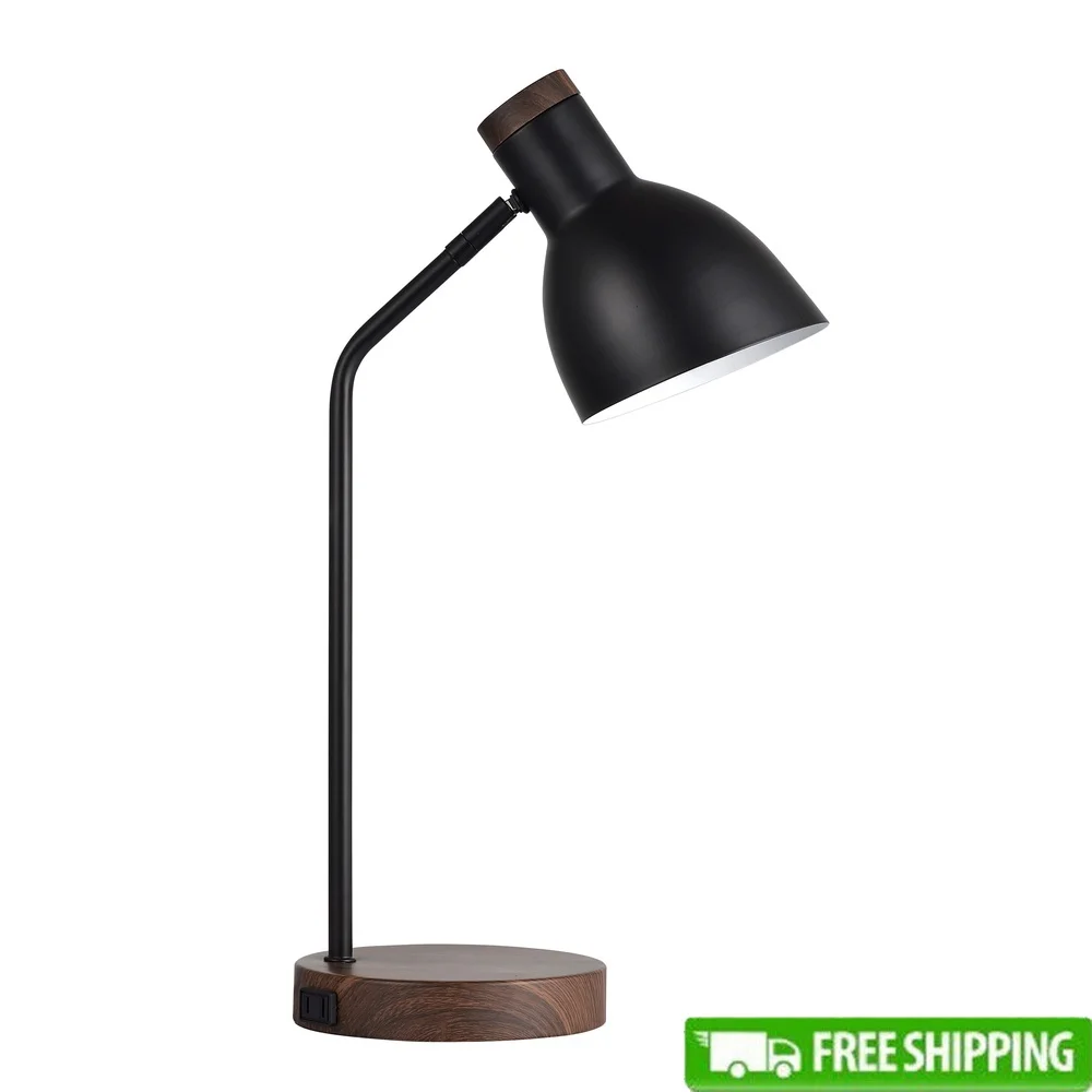 

Mid-Century Modern Desk Lamp Woodgrain Black Metal Finish AC Outlet Rotary Switch 60W Bulb Home Office Dorm Lighting