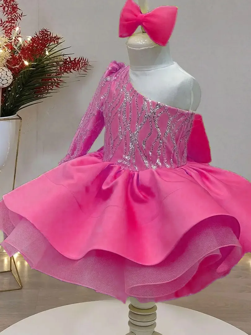 Flower Girl Dresses Tulle Ball Gown Princess One Shoulder Girls Glitz Pageant  Beaded Sash Red Carpet Communion Custom Color