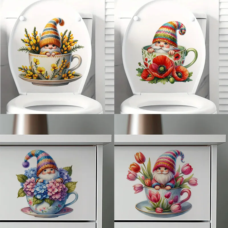 Teacup Gnome Toilet Stickers Decoration for Living Room, Wall, Bedroom, and Home Decor Car Decals Self-Adhesive