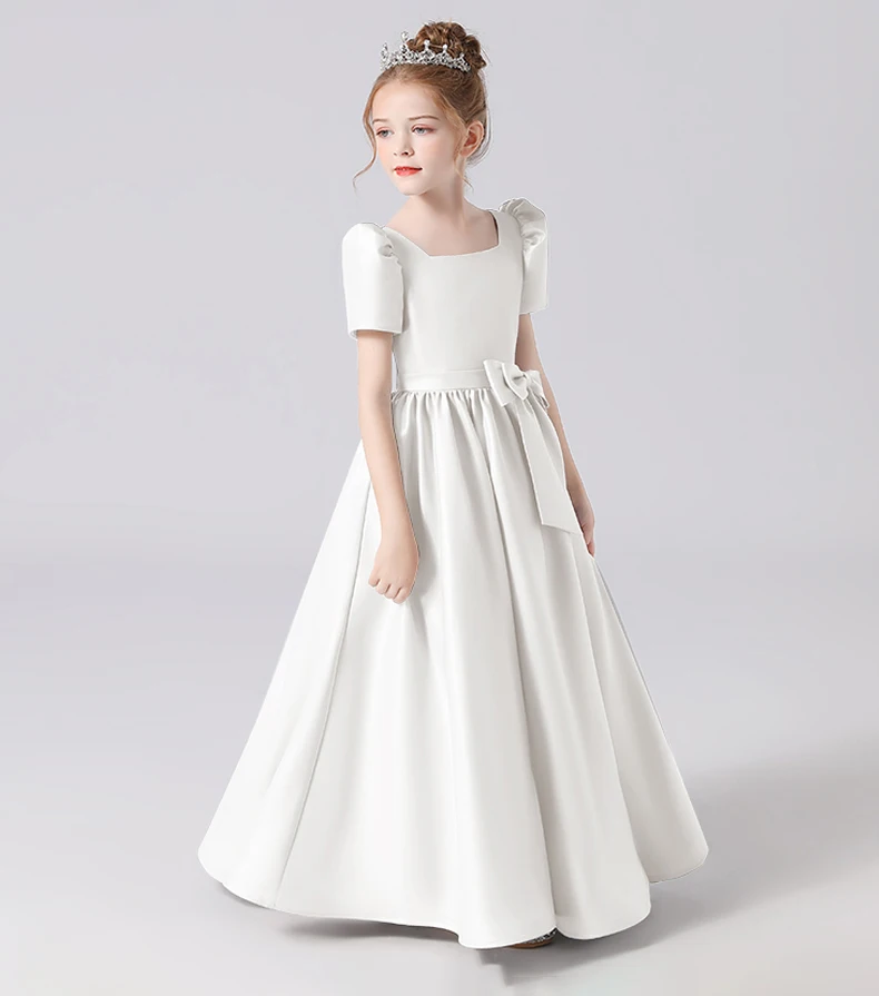 

Ball Gown Princess Scoop Floor Length Lace Satin Flower Girl Dress Back StrapStyle Evening Dress New Elegant Banquet Gowns